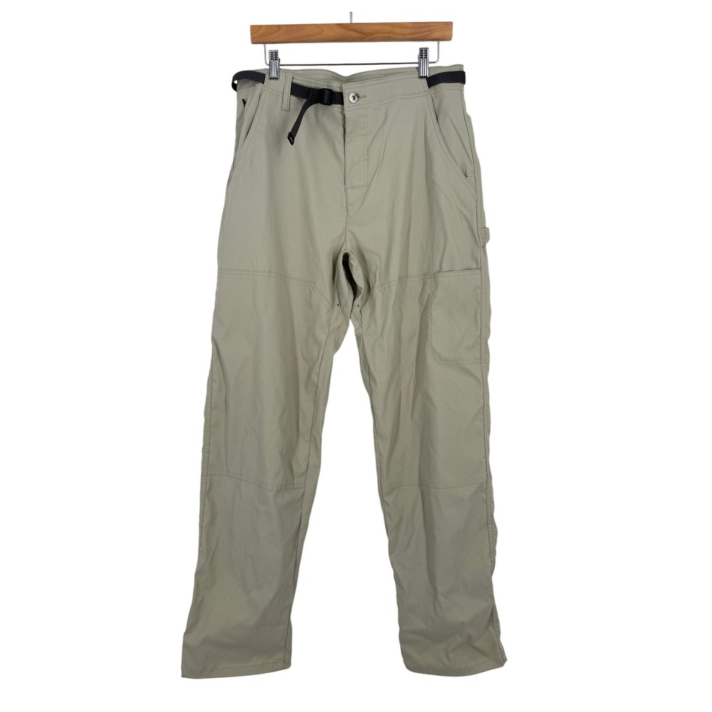 Prana Zion Stretch Hiking Pants Mens 33x34 Tan Khaki Relaxed Straight Belted